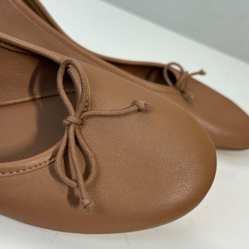 Women's Tan Leather Ballet Flats with Bow - Picture 14 of 15